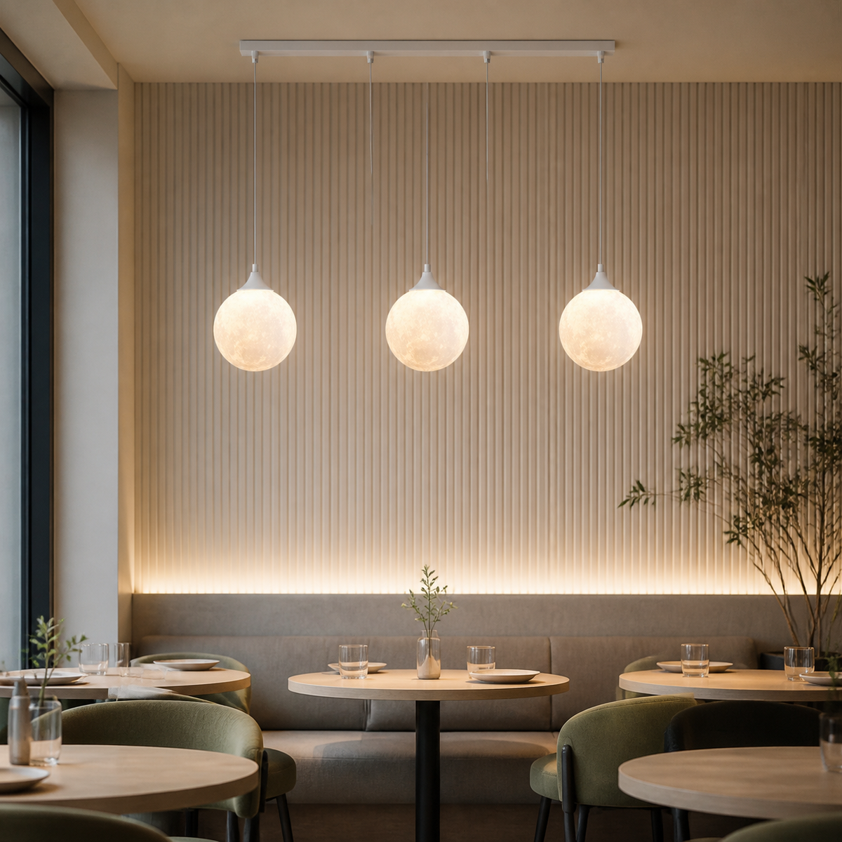 Resto Glow AI product image 2026-08-03 — restaurant view — Nordic 3-Head Dining Table Pendant for Restaurants