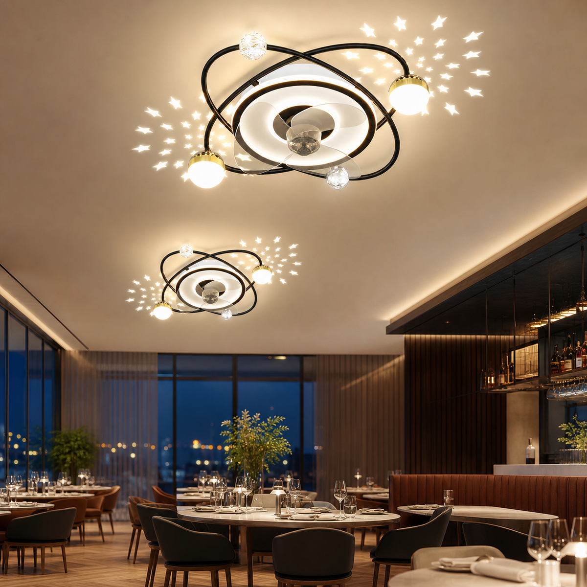Resto Glow AI product image 2026-08-03 — restaurant view — LED Restaurant Dining Room Ceiling Fan