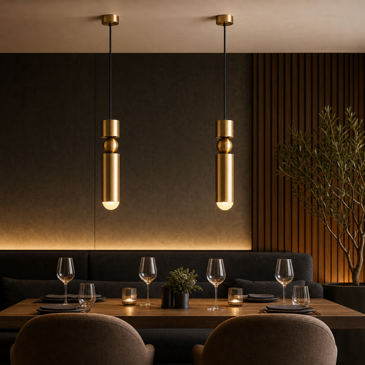 Resto Glow AI product image 2026-08-03 — restaurant view — Nordic Brass Pendant Light for Restaurants and Cafés