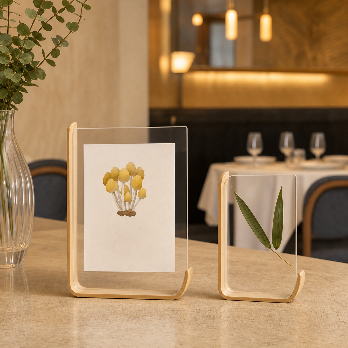 Resto Glow AI product image 2026-08-03 — restaurant view — Nordic Minimalist Wood & Acrylic 6-Inch Display Frame For Restaurant & Café