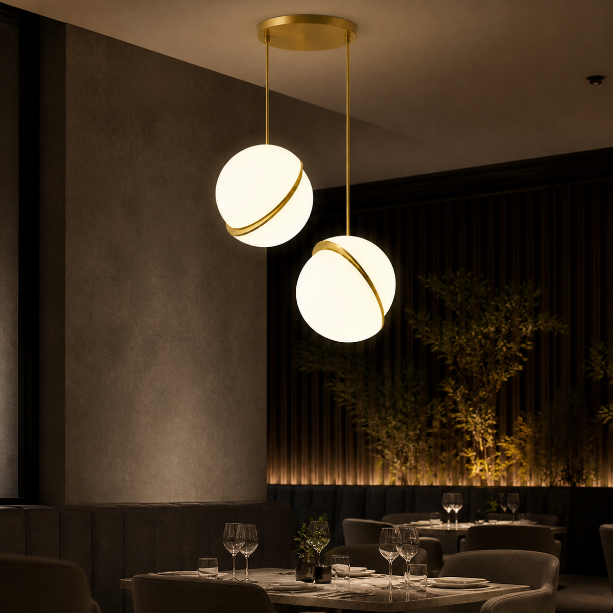 Resto Glow AI product image 2026-08-03 — restaurant view — Nordic Globe Restaurant Pendant Light