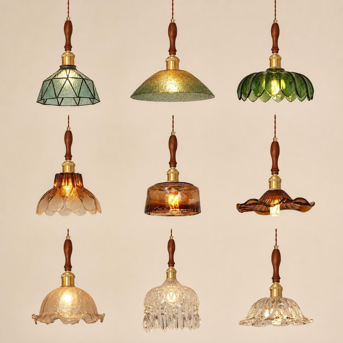 Resto Glow AI product image 2026-08-03 — clean background — Nordic Retro Restaurant Chandelier Walnut Wood French Brass Glass Pendant Light