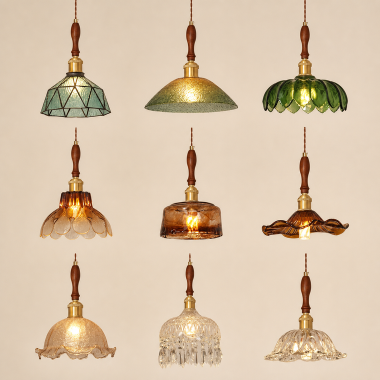 Resto Glow AI product image 2026-08-03 — clean background — Nordic Retro Restaurant Chandelier Walnut Wood French Brass Glass Pendant Light