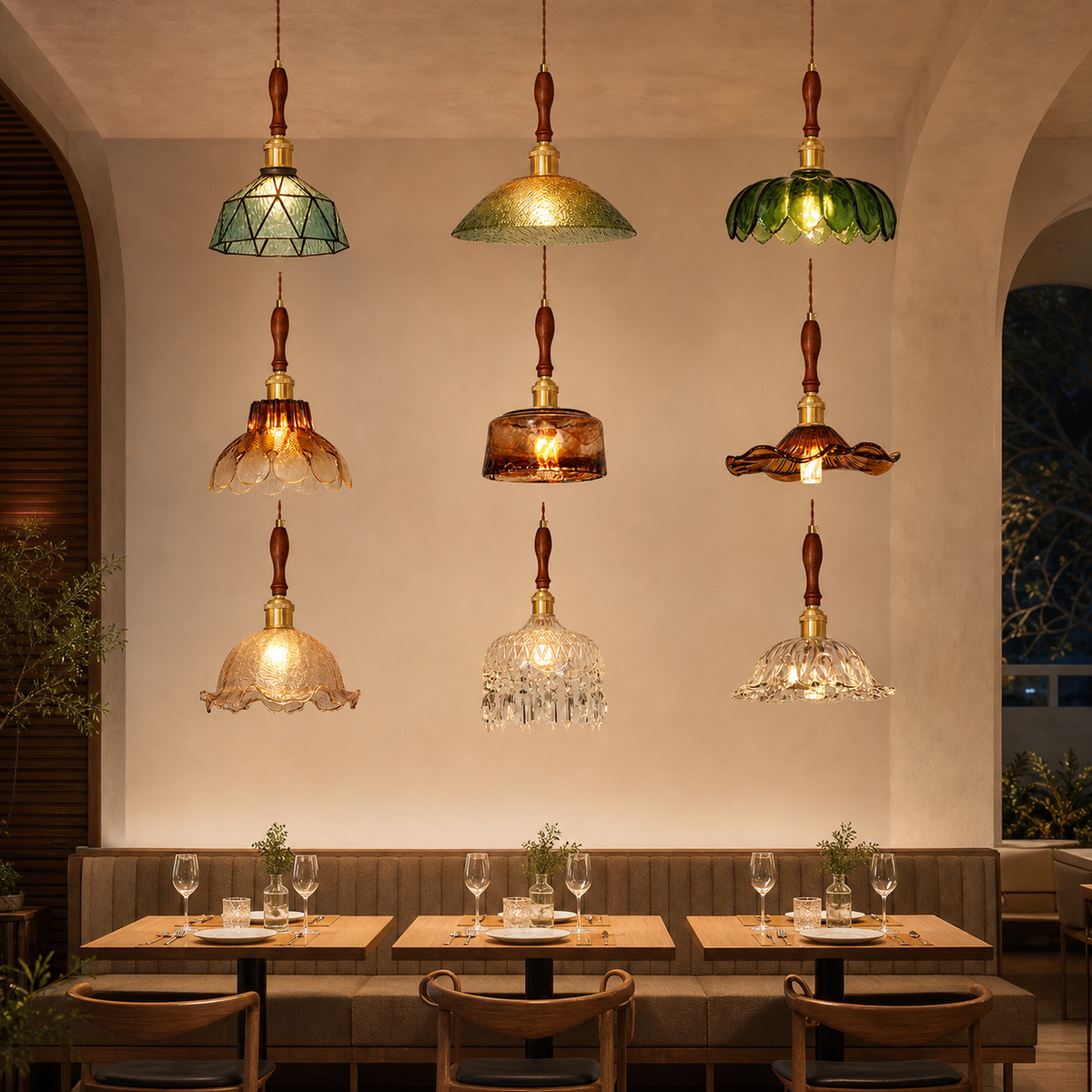 Resto Glow AI product image 2026-08-03 — restaurant view — Nordic Retro Restaurant Chandelier Walnut Wood French Brass Glass Pendant Light