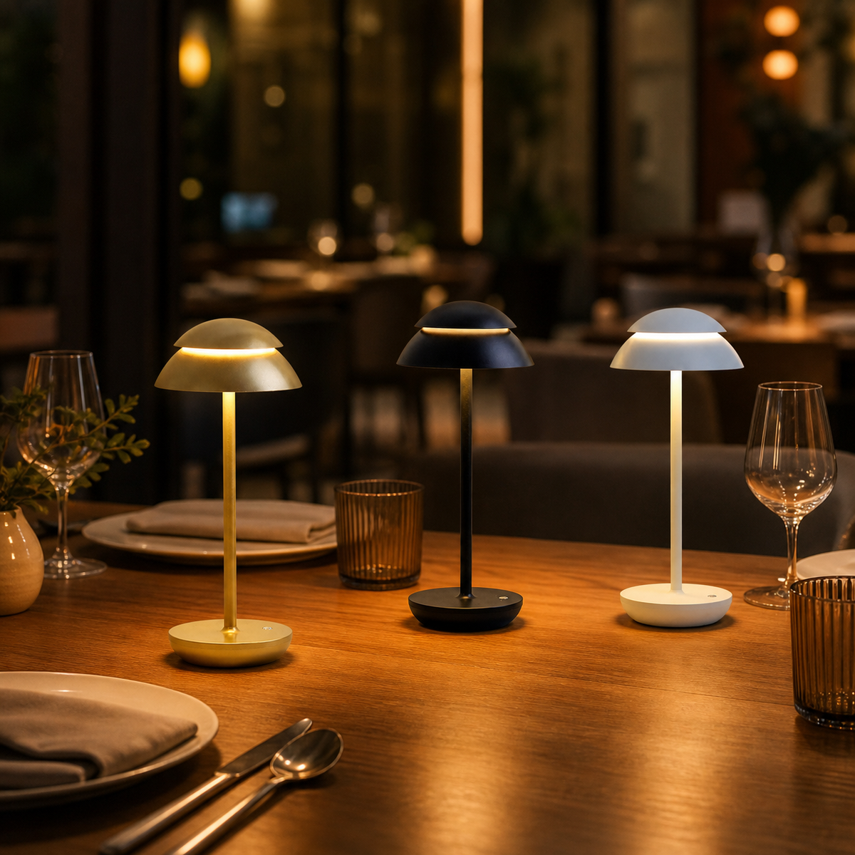 Resto Glow AI product image 2026-08-03 — restaurant view — Nordic USB Rechargeable Table Lamp for Restaurant Tables
