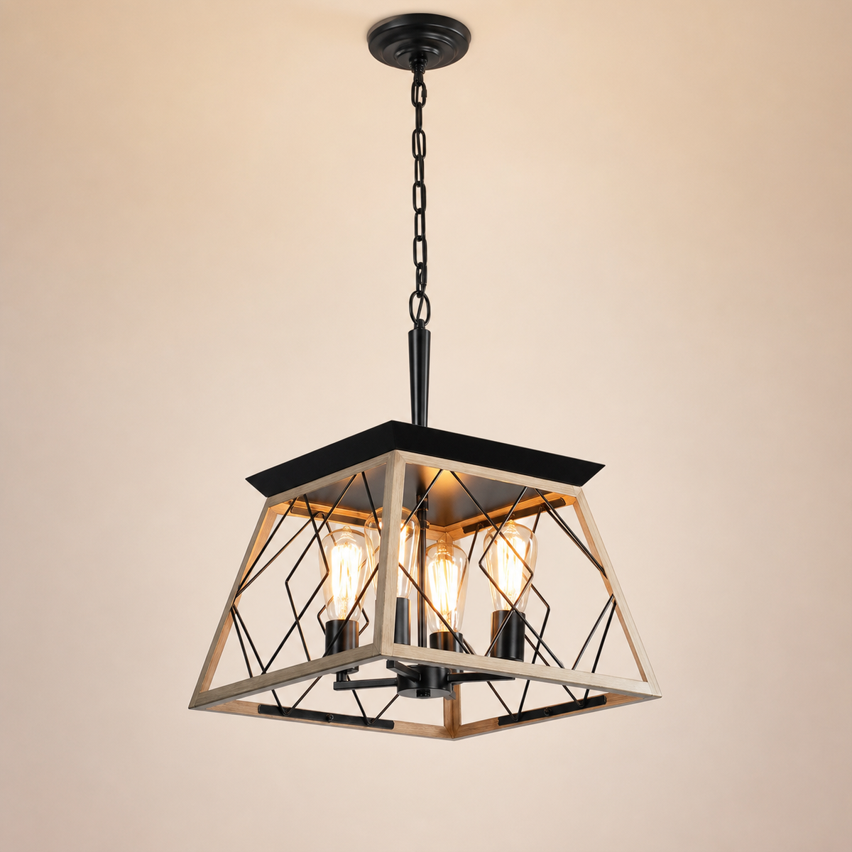 Resto Glow AI product image 2026-08-03 — clean background — Oak Finish 4-Light Cage Pendant for Restaurant Tables and Bar Counters