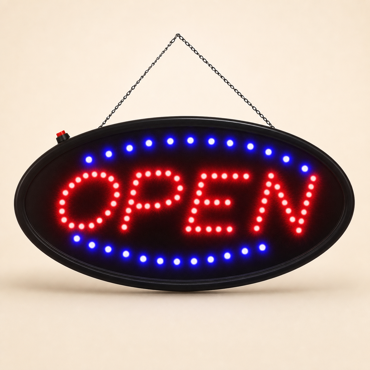 Resto Glow AI product image 2026-08-03 — clean background — OPEN LED Neon Sign — Red + Blue, Static or Flashing