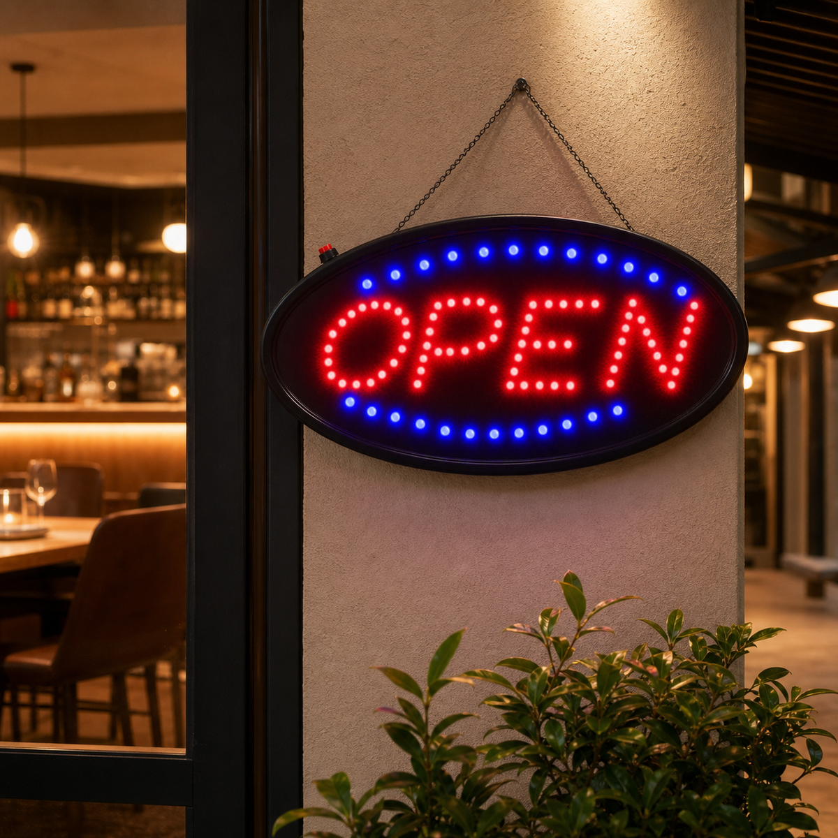 Resto Glow AI product image 2026-08-03 — restaurant view — OPEN LED Neon Sign — Red + Blue, Static or Flashing