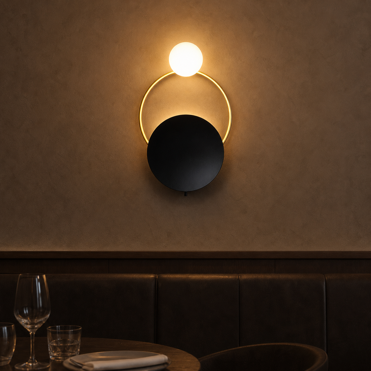 Resto Glow AI product image 2026-08-02 — restaurant view — Post-Modern Ring Wall Lamp for Restaurant Feature Walls
