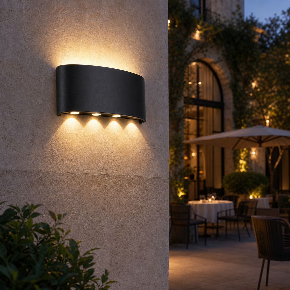 Resto Glow AI product image 2026-08-03 — restaurant view — Rainproof LED Courtyard Wall Light