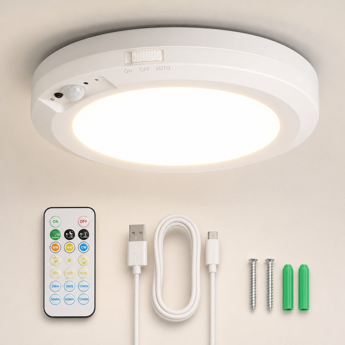 Resto Glow AI product image 2026-08-03 — clean background — Rechargeable Motion-Sensor Flush Ceiling Light — Restaurant Hallway