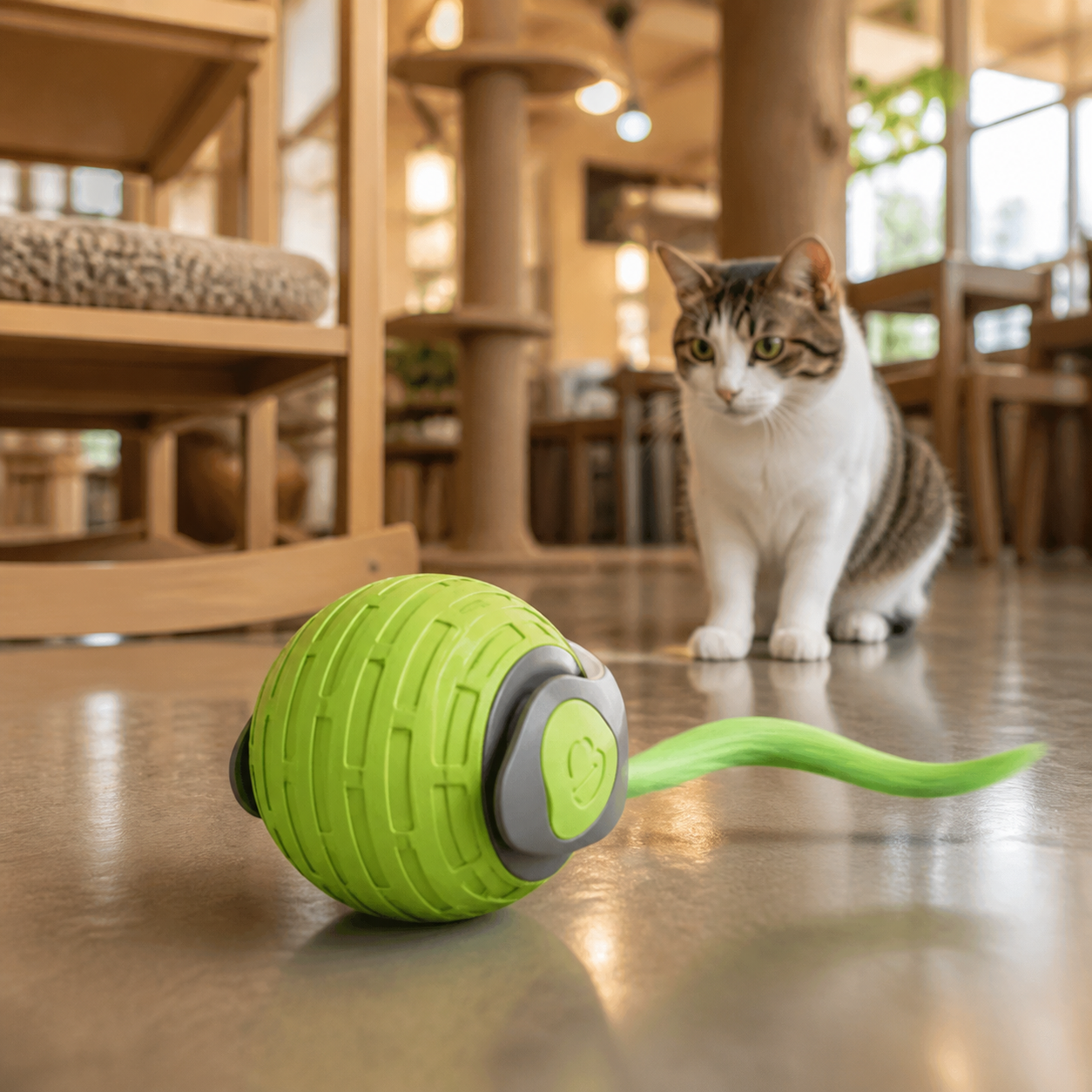 Resto Glow AI product image 2026-08-06 — cat café view — Rechargeable Automatic Rolling Enrichment Ball for Cat Cafés, Adoption Lounges, and Supervised Indoor Play