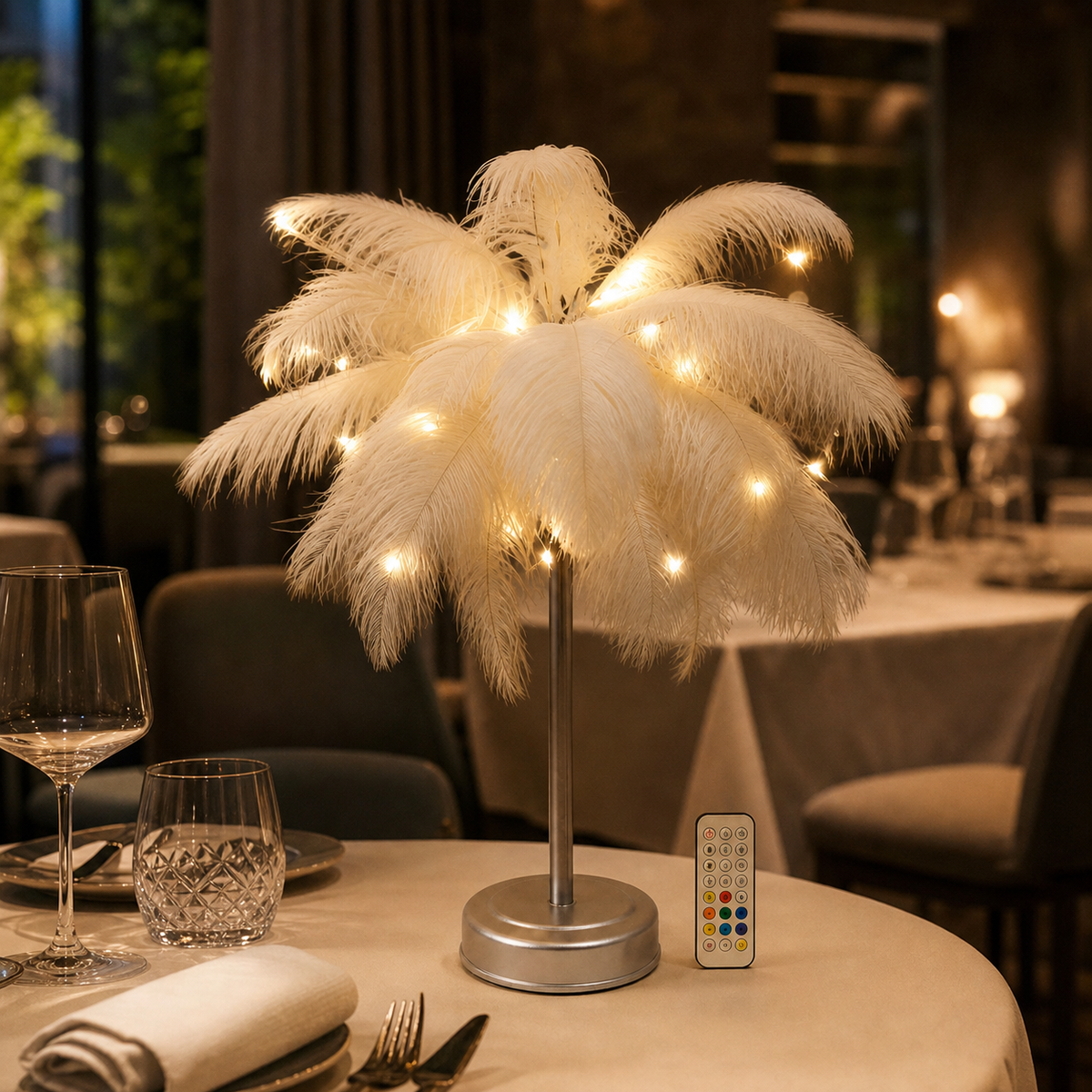 Resto Glow AI product image 2026-08-03 — restaurant view — Remote Control Feather Table Lamp USB Battery Power
