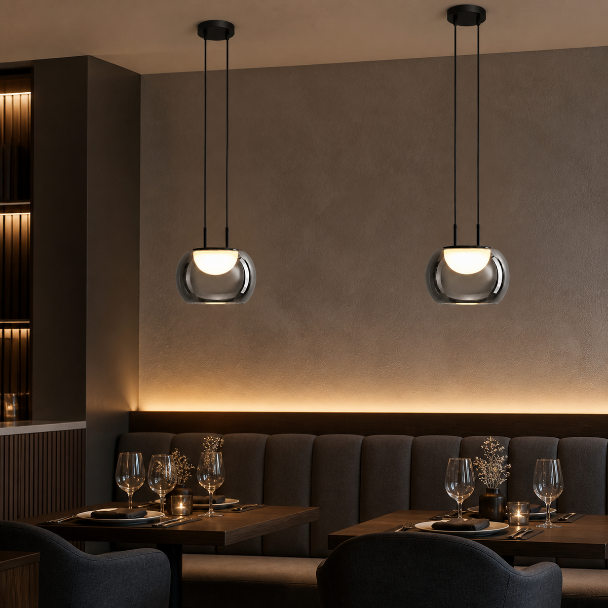Resto Glow AI product image 2026-08-03 — restaurant view — Restaurant Glass Single-head Pendant Light