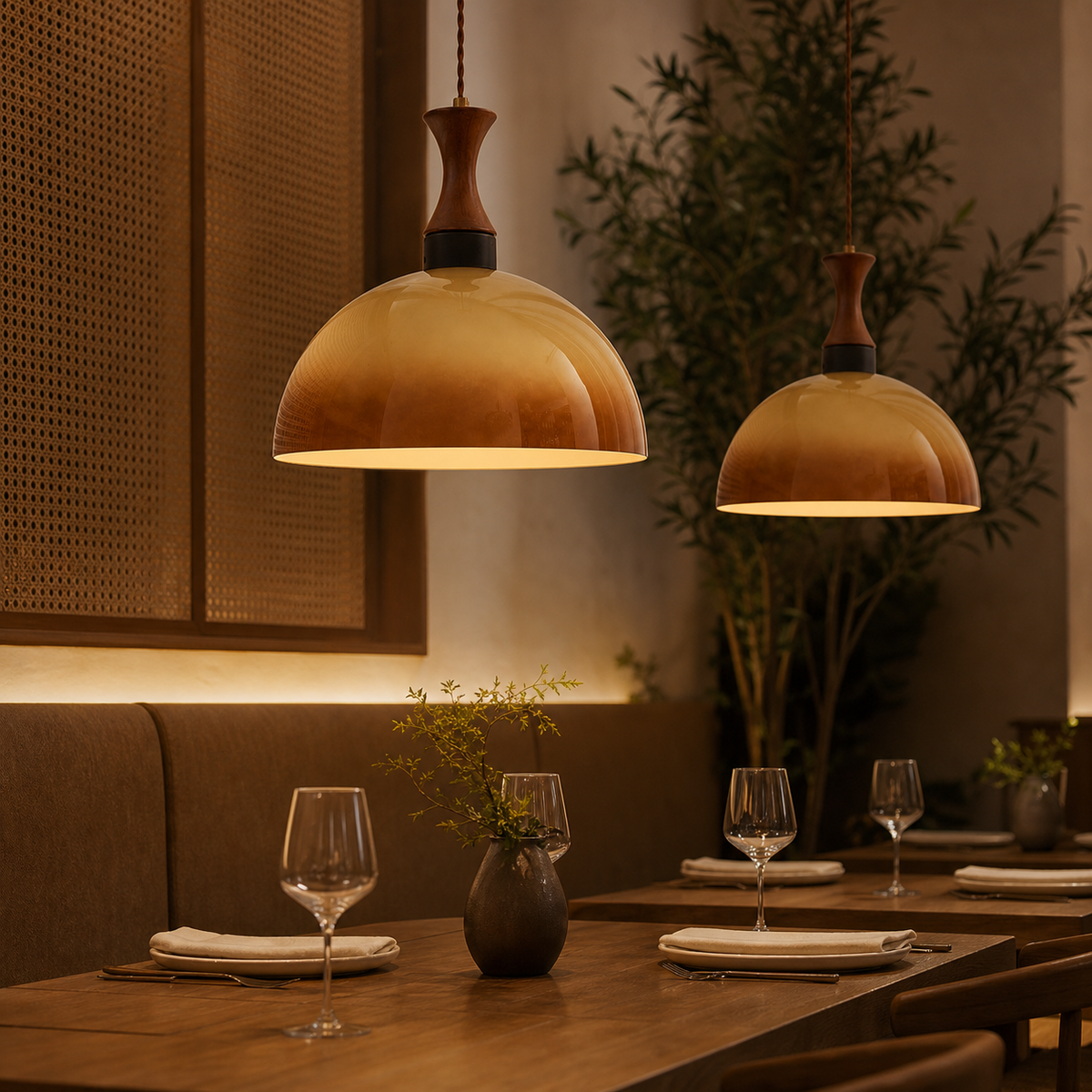 Resto Glow AI product image 2026-08-03 — restaurant view — Retro Glass Restaurant Pendant Light