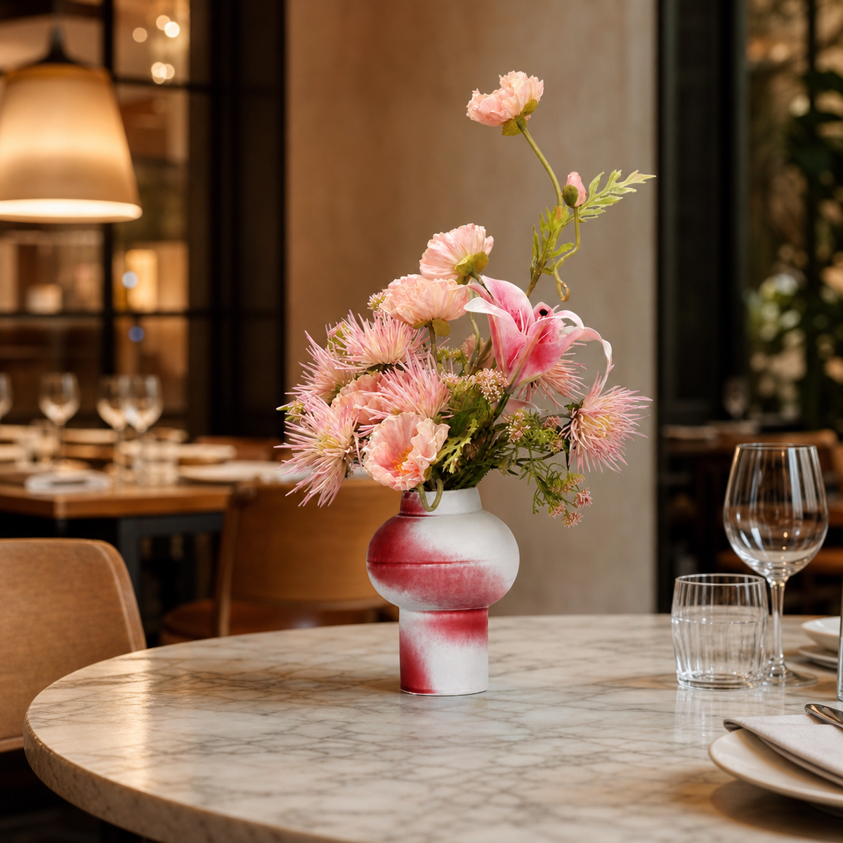 Resto Glow AI product image 2026-08-03 — restaurant view — Restaurant-Style Artificial Greenery Mid-Century Floral Table Decor Vase For Dining Tables