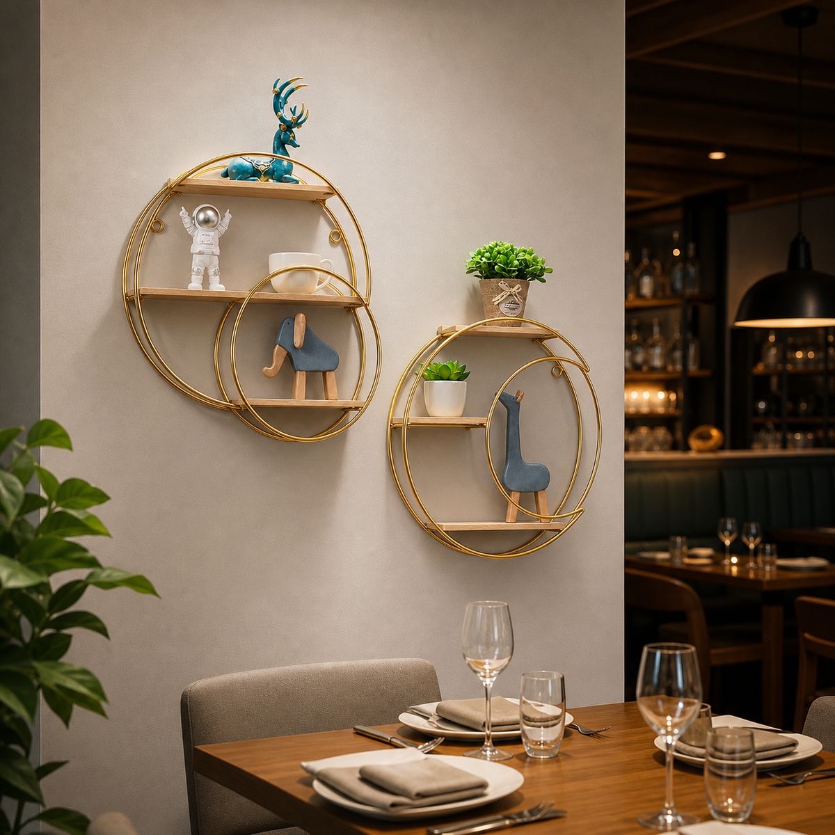 Resto Glow AI product image 2026-08-03 — restaurant view — Restaurant Wall-Mounted Display Shelf