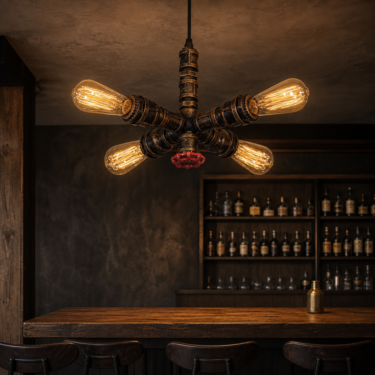 Resto Glow AI product image 2026-08-02 — restaurant view — Retro Industrial Pipe Light for Restaurant Bars