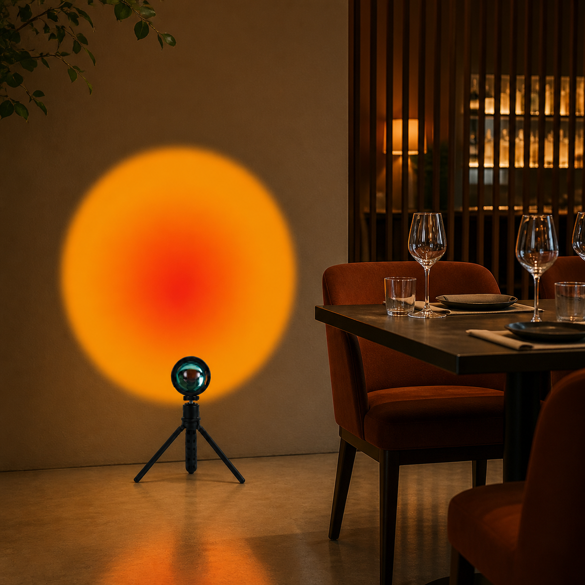 Resto Glow AI product image 2026-08-03 — restaurant view — RGB Sunset Atmosphere Floor Lamp for Restaurant Ambiance
