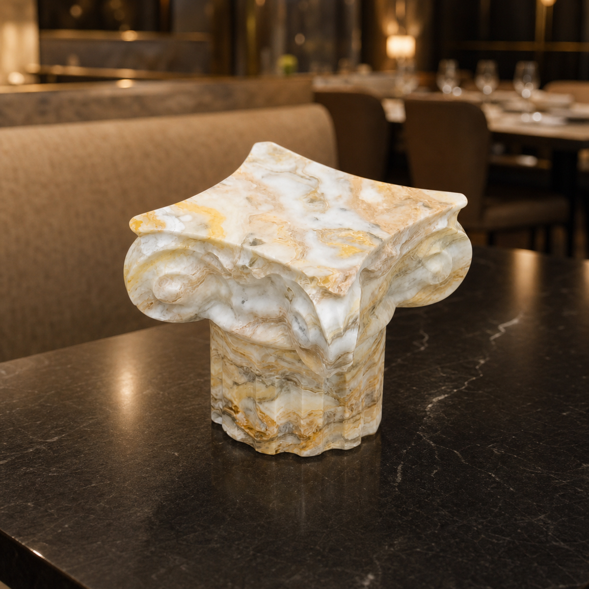 Resto Glow AI product image 2026-08-03 — restaurant view — Natural Marble Roman Column Sculpture