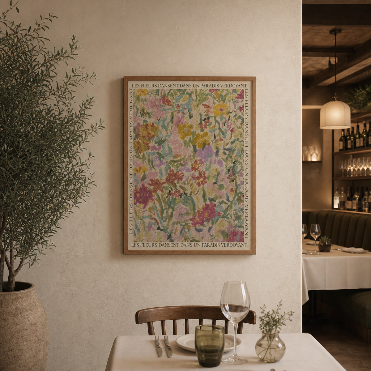 Resto Glow AI product image 2026-08-03 — restaurant view — Romantic Summer Flowers Restaurant Wall Art