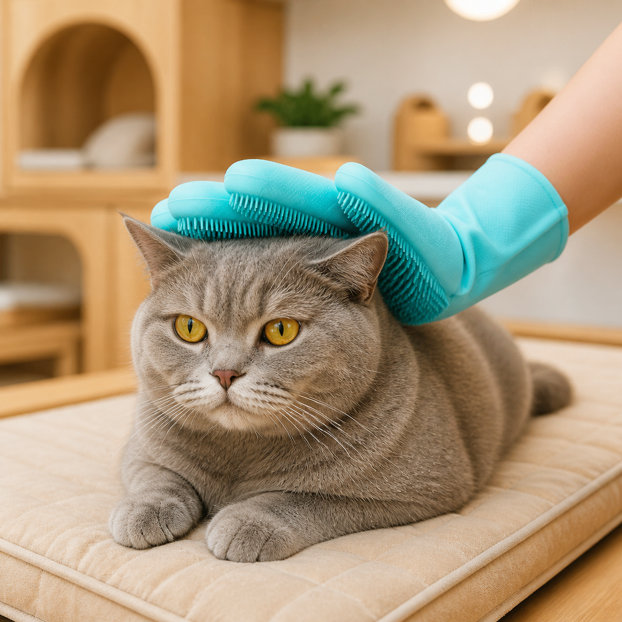 Resto Glow AI product image 2026-08-06 — cat café view — Flexible Silicone Deshedding Glove for Cat Café Grooming Stations, Foster Rooms, and Daily Coat Care