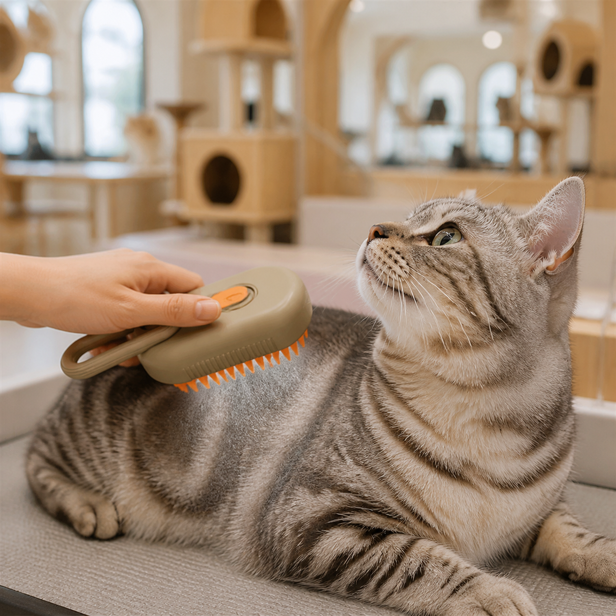 Resto Glow AI product image 2026-08-06 — cat café view — Three-in-One Fine-Mist Grooming Brush for Cat Cafés, Foster Care Rooms, and Daily Shedding Control