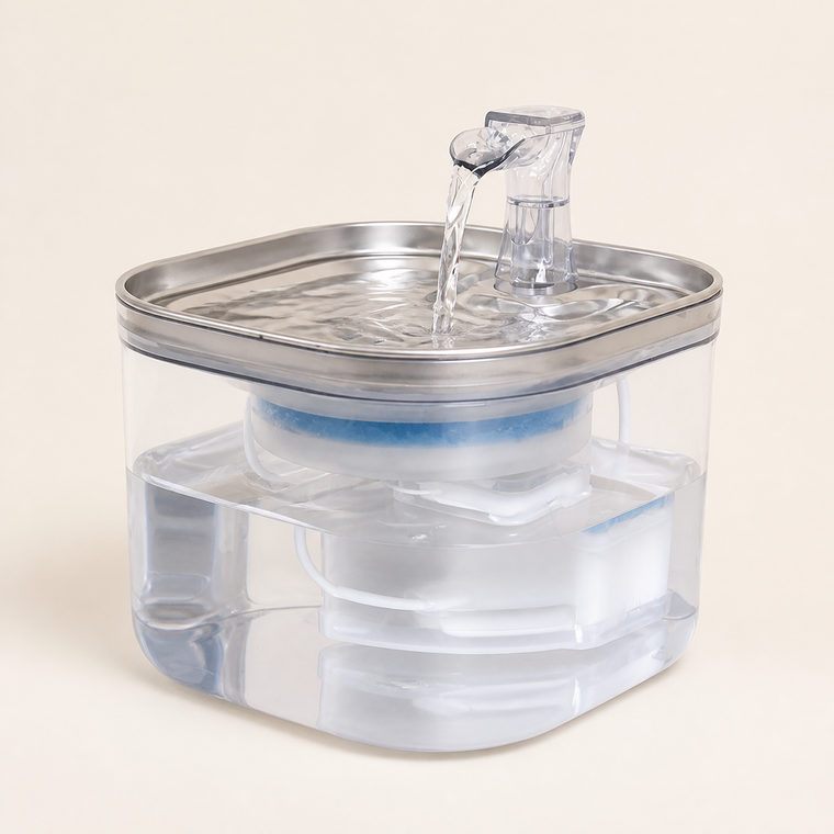 Resto Glow AI product image 2026-08-06 — clean background — Stainless-Steel Continuous-Flow Water Fountain for Cat Cafés, Adoption Lounges, and Multi-Cat Hospitality Spaces