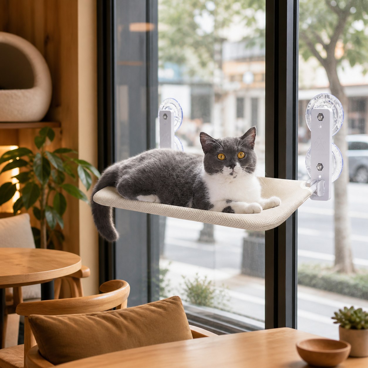 Resto Glow AI product image 2026-08-06 — cat café view — Suction-Mounted Window Perch for Cat Cafés, Street-Facing Lounges, and Elevated Guest Viewing Zones