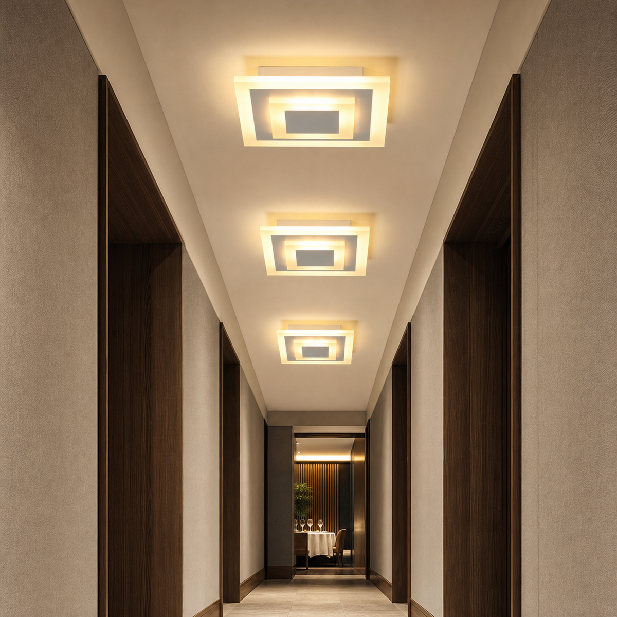 Resto Glow AI product image 2026-08-02 — restaurant view — Surface-Mounted LED Ceiling Light for Restaurant Corridors