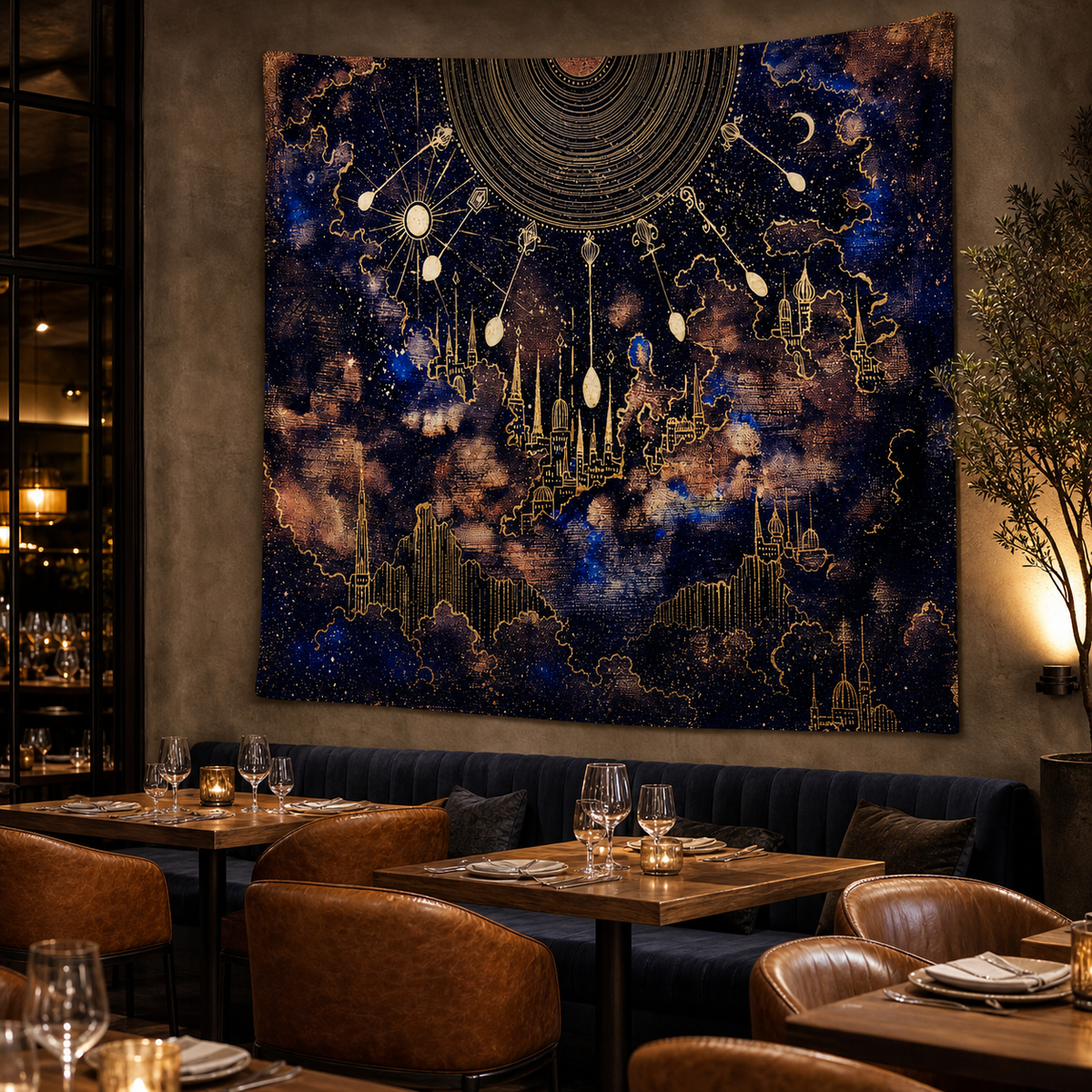 Resto Glow AI product image 2026-08-03 — restaurant view — Restaurant Feature Wall Tapestry