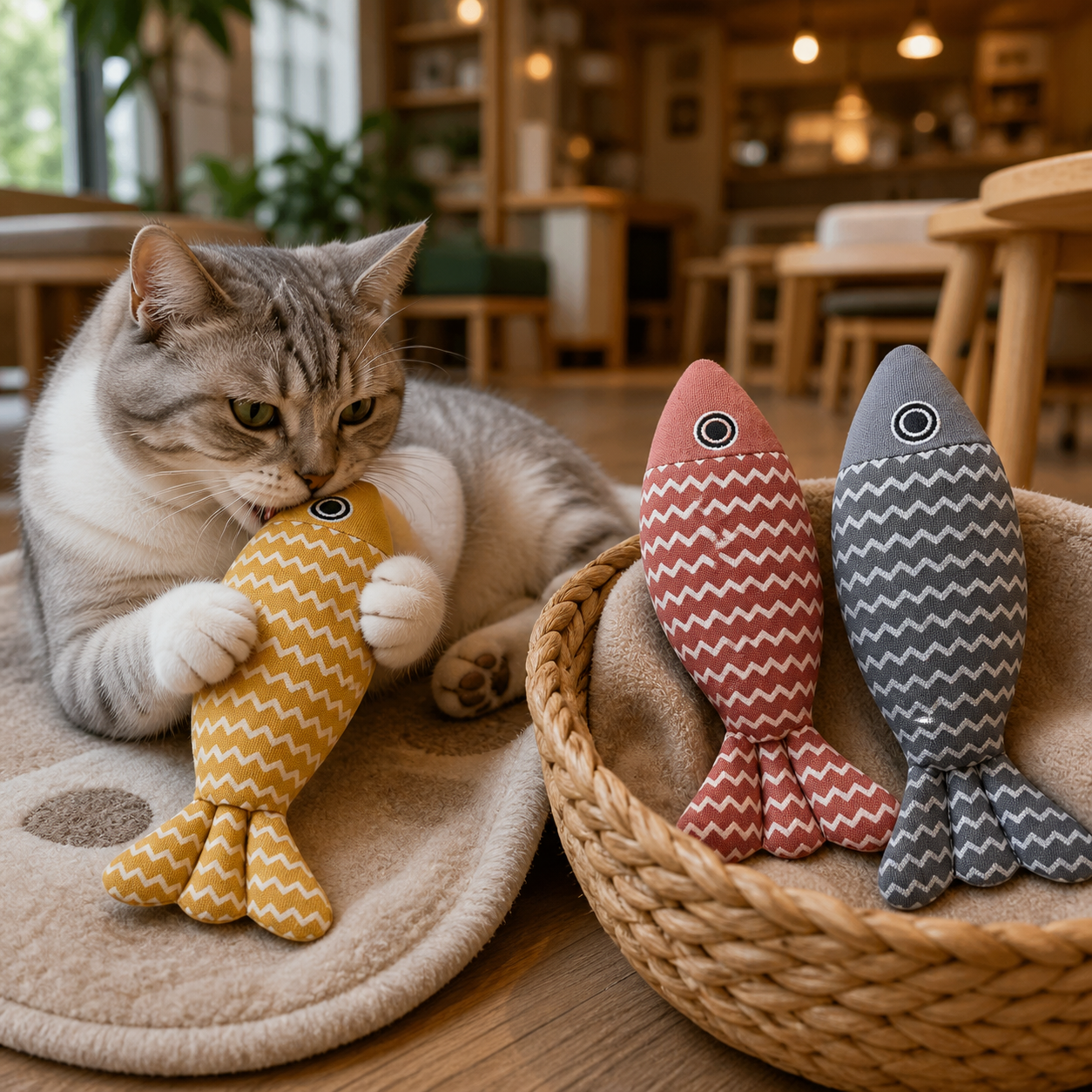 Resto Glow AI product image 2026-08-06 — cat café view — Three-Piece Catnip Fish Kicker Set for Cat Café Play Rotations, Adoption Lounges, and Enrichment Baskets