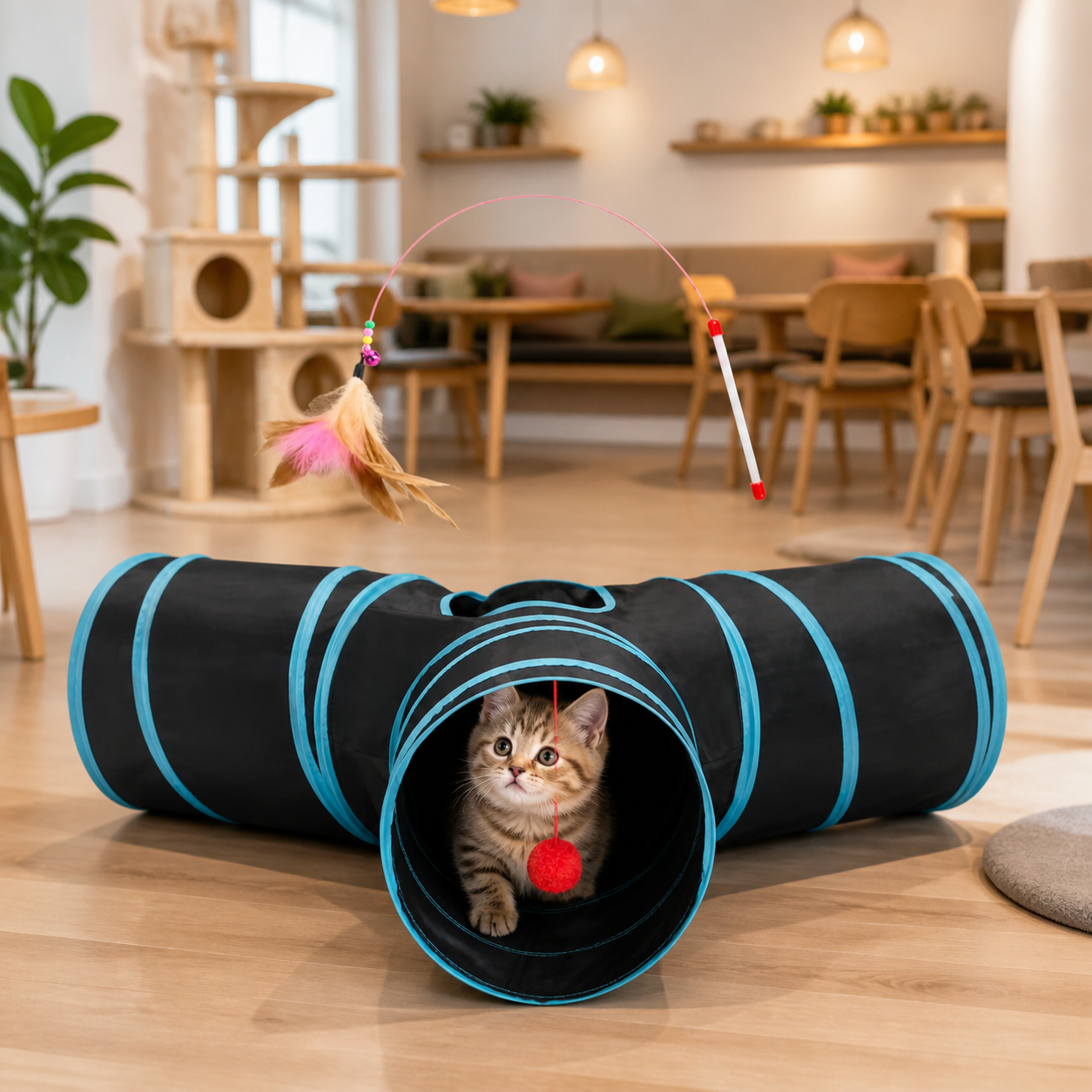 Resto Glow AI product image 2026-08-06 — cat café view — Three-Way Collapsible Activity Tunnel for Cat Cafés, Adoption Lounges, and Indoor Enrichment Rooms