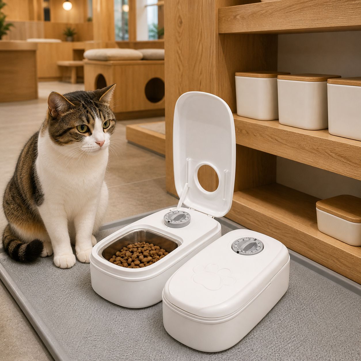 Resto Glow AI product image 2026-08-06 — cat café view — Timed Automatic Feeder with Stainless-Steel Bowl for Cat Cafés, Foster Rooms, and Consistent Feeding Routines