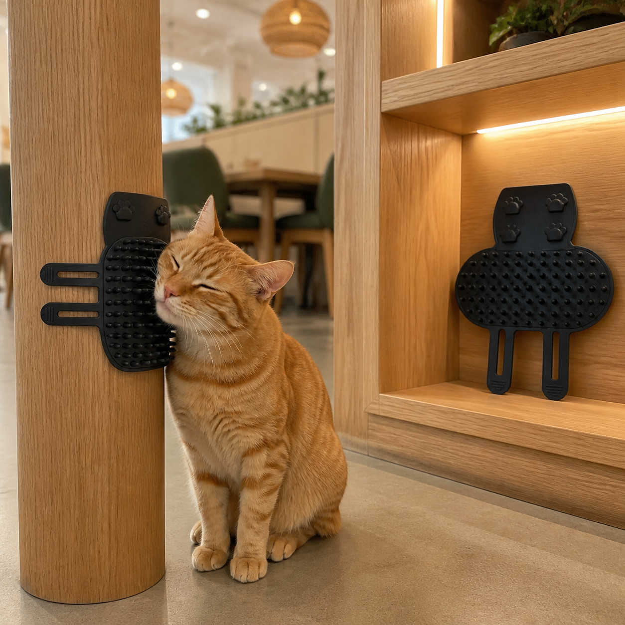 Resto Glow AI product image 2026-08-06 — cat café view — Two-Piece Soft Corner Self-Groomer Set for Cat Cafés, Adoption Suites, and High-Traffic Enrichment Walls