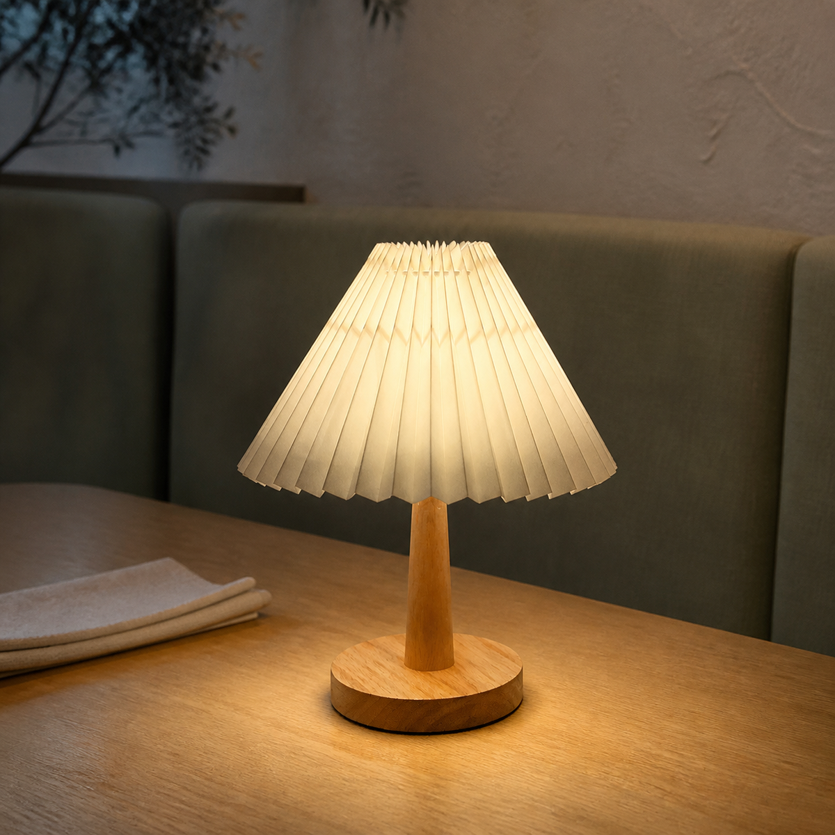 Resto Glow AI product image 2026-08-02 — restaurant view — USB Pleated Table Lamp for Restaurant Tables