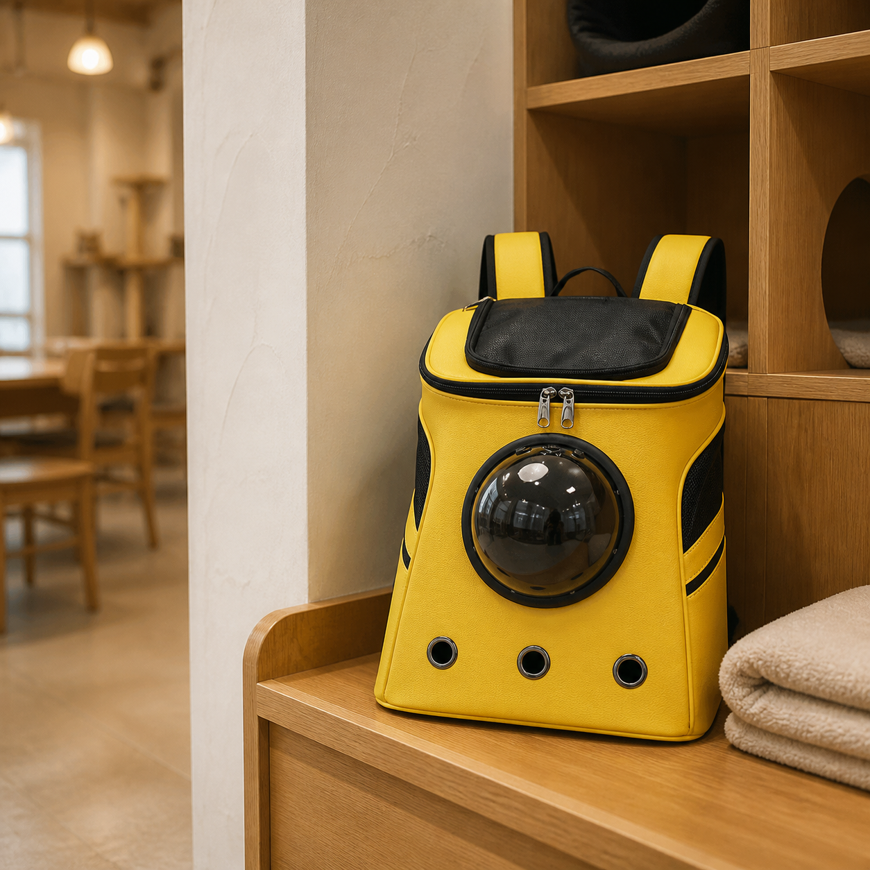 Resto Glow AI product image 2026-08-06 — cat café view — Ventilated Capsule Transport Backpack for Cat Cafés, Adoption Lounges, and Hospitality Care Teams