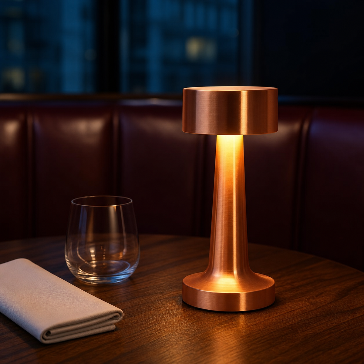 Resto Glow AI product image 2026-08-02 — restaurant view — Vintage Dimmable USB Table Lamp for Restaurant Bars