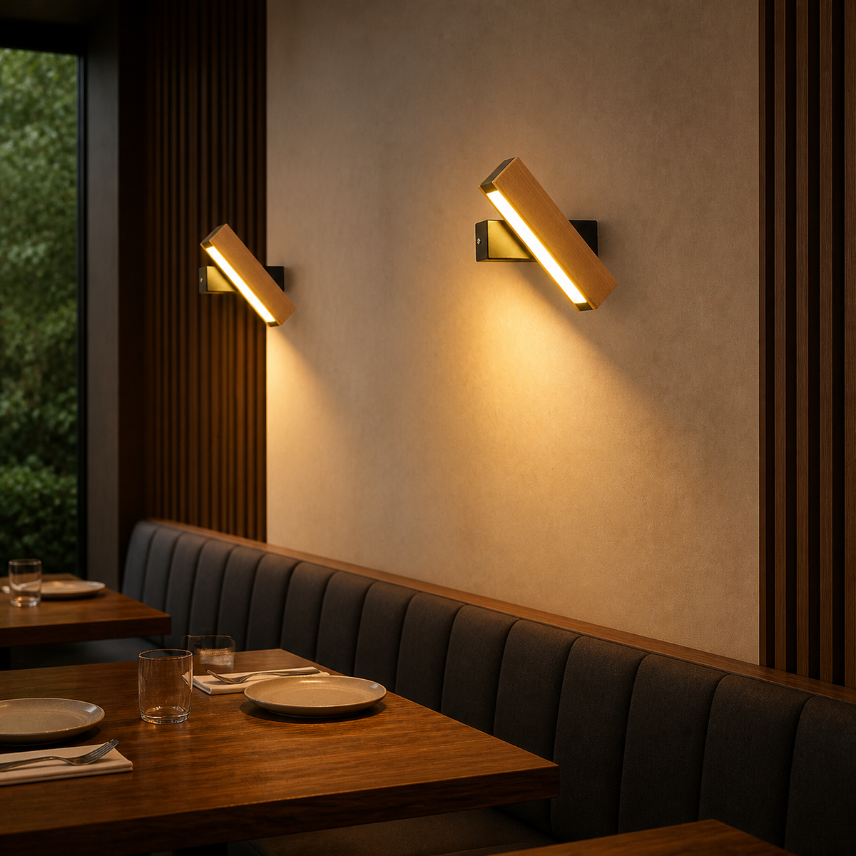Resto Glow AI product image 2026-08-03 — restaurant view — Adjustable Wooden LED Restaurant Wall Lamp