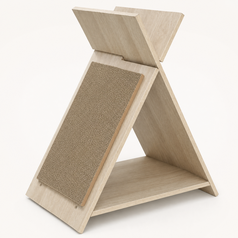 Resto Glow AI product image 2026-08-06 — clean background — Multi-Functional Wooden Scratcher Lounge with Tunnel for Cat Cafés, Adoption Rooms, and Durable Play Corners