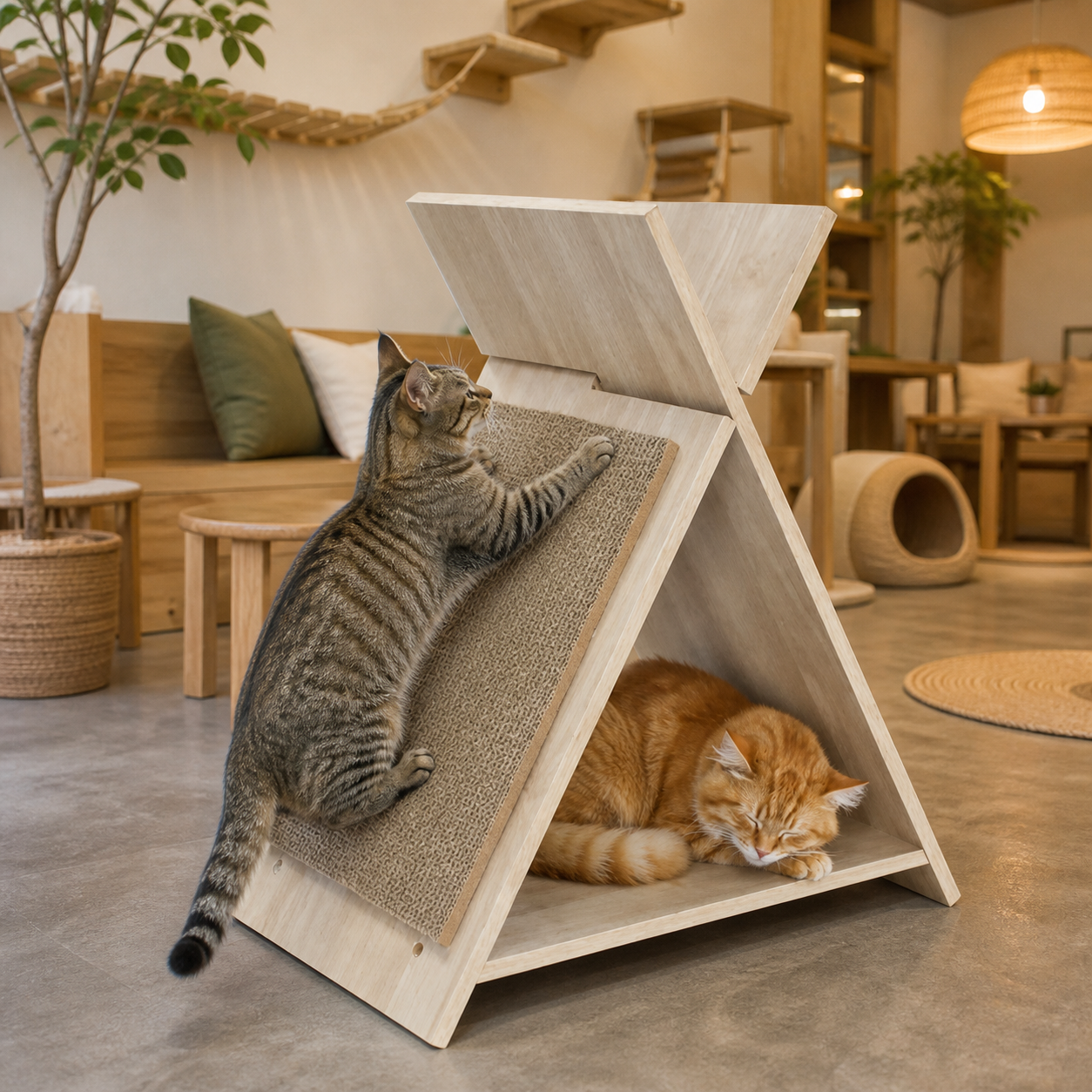 Resto Glow AI product image 2026-08-06 — cat café view — Multi-Functional Wooden Scratcher Lounge with Tunnel for Cat Cafés, Adoption Rooms, and Durable Play Corners