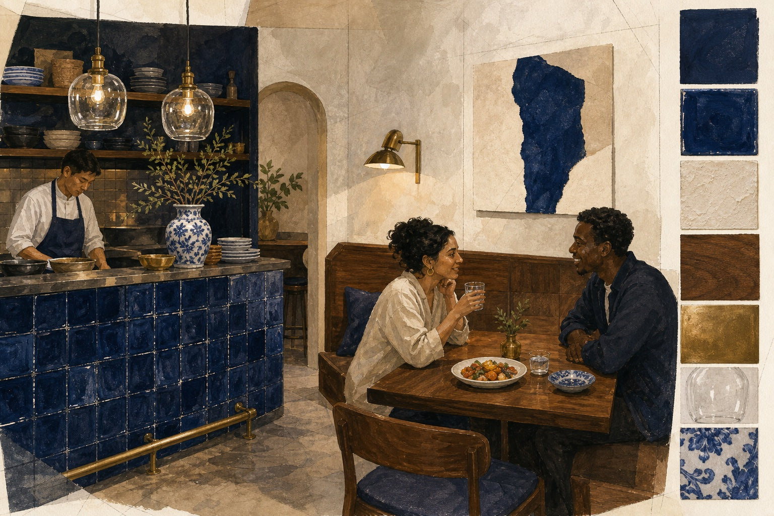 An artistic material study of an indigo restaurant with walnut, cream plaster, brass, clear glass, diners, and warm food