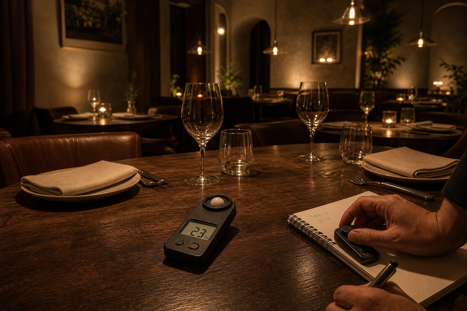 A handheld illuminance meter placed flat on a set restaurant table during a pre-service light check