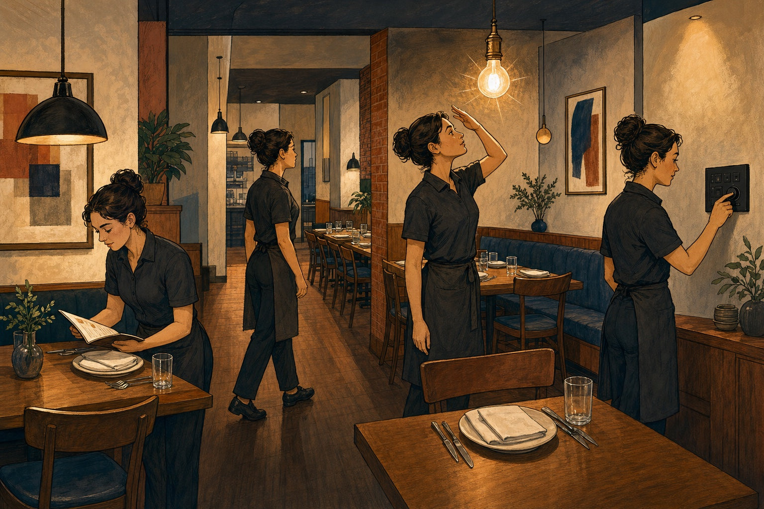 A pre-shift walkthrough of a restaurant dining room with the service lighting scene running