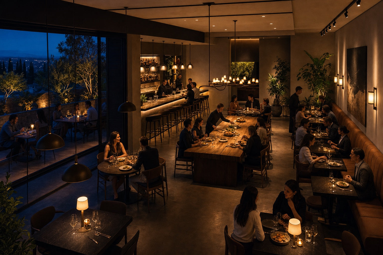 A cinematic restaurant at blue hour showing pendants, a chandelier, sconces, track spots, recessed light, portable table lamps, candle accents, and terrace lighting in distinct zones