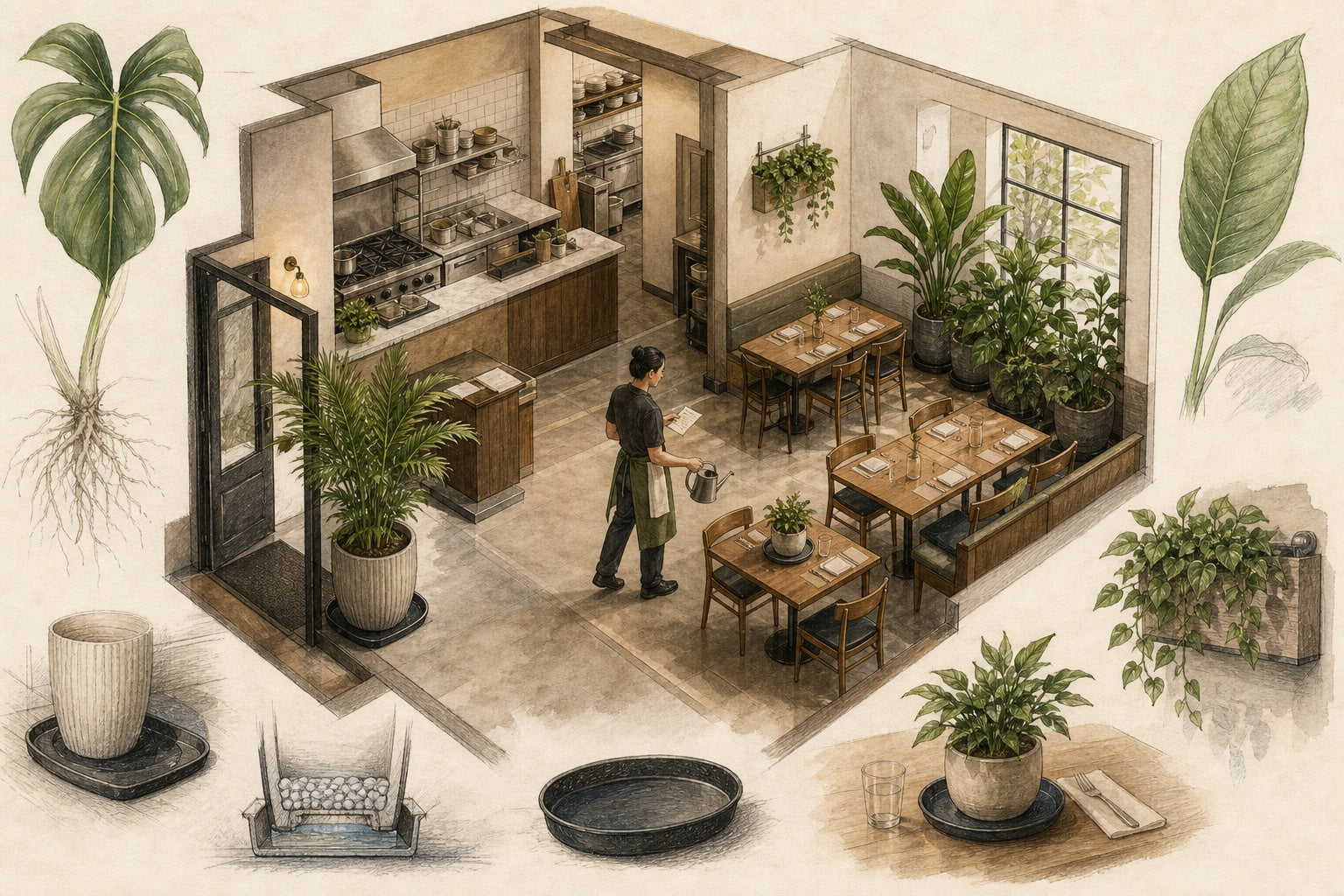 A botanical field-journal view of restaurant dining zones, a staff watering route, protected floor planters, a low tabletop plant, and a wall planter