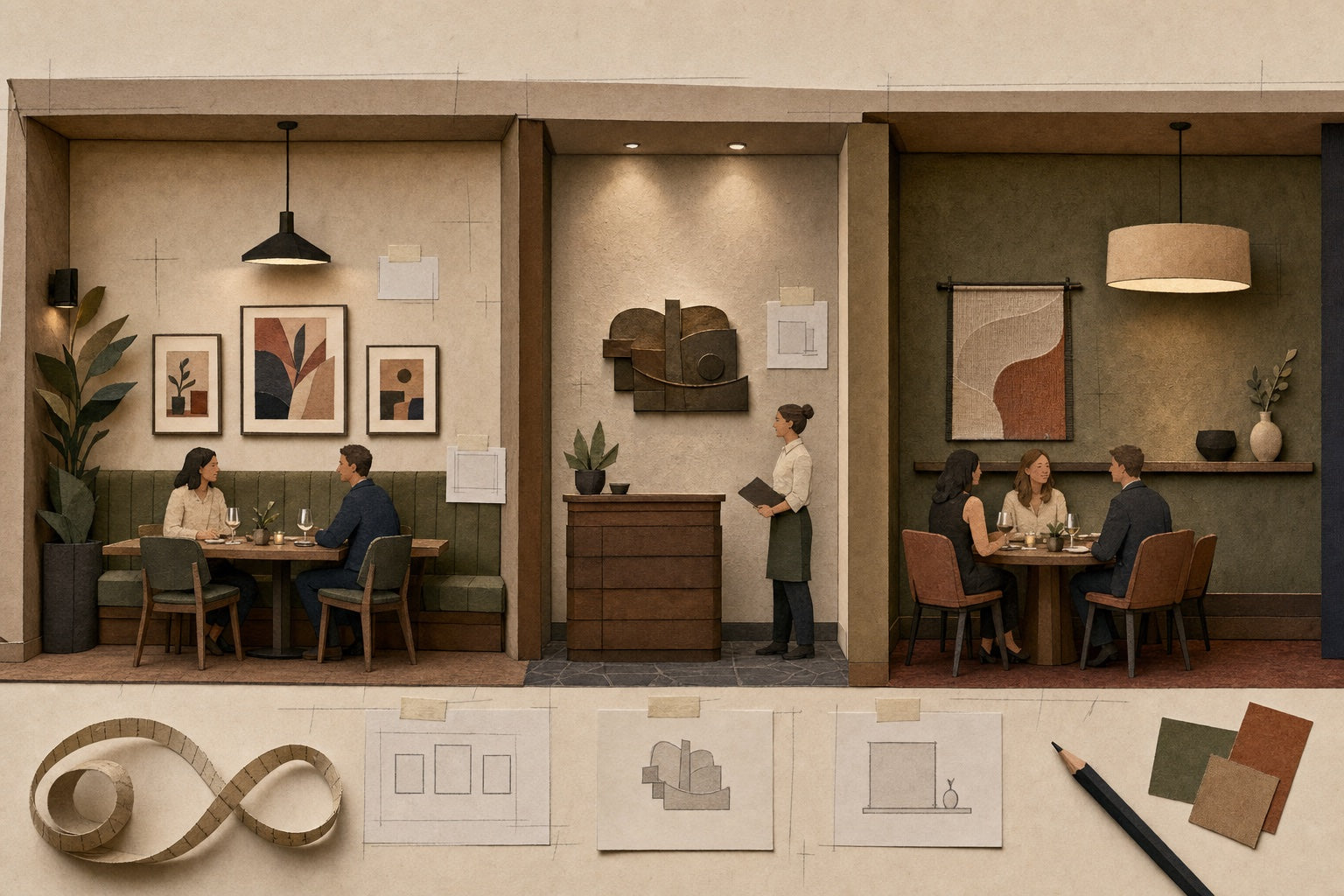 A handcrafted paper-theatre restaurant study comparing framed prints above a banquette, a low-relief metal piece at a host wall, and a textile with a shallow ledge in private dining