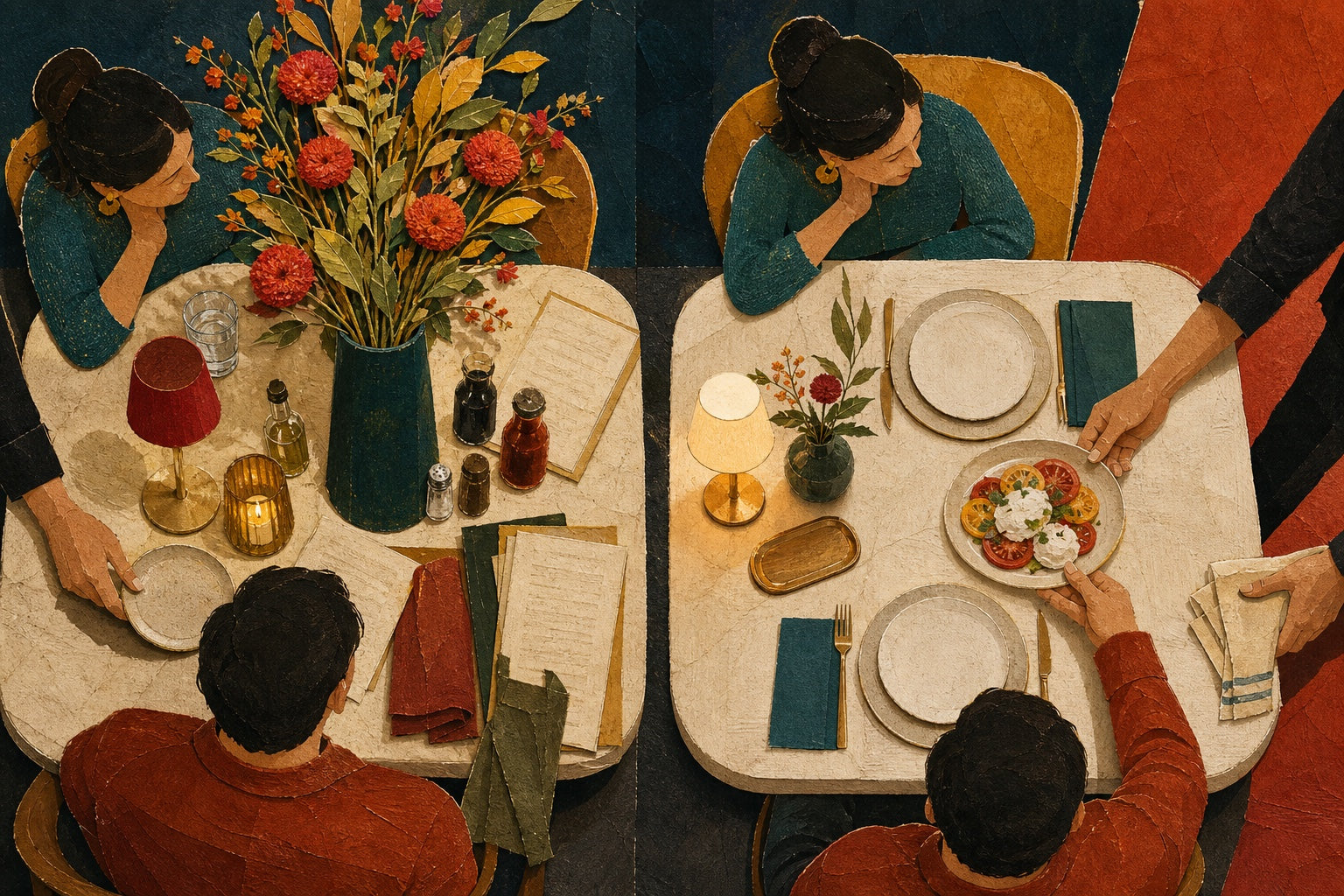 A handmade cut-paper illustration comparing a crowded restaurant two-top with a calmer service-ready version