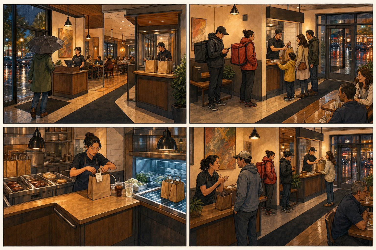 Four-panel illustrated Friday-evening restaurant pickup story showing arrival, courier waiting, family handoff, staff packing, and delayed-order recovery