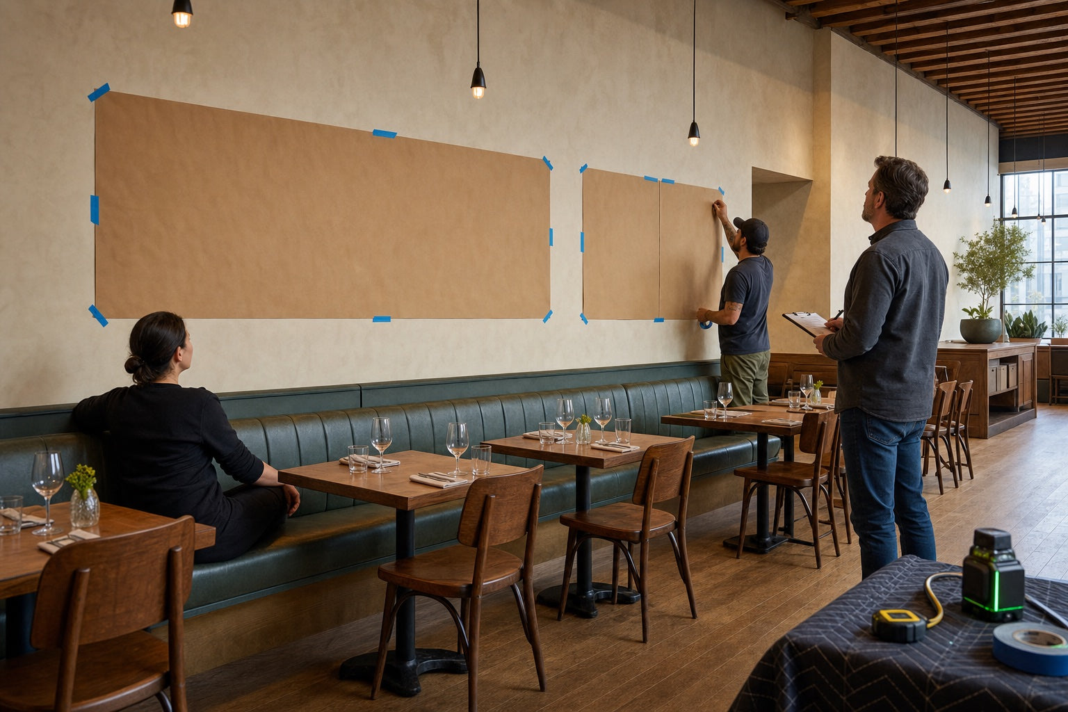A restaurant owner, installer, and seated guest comparing two full-size blank paper wall-art mock-ups above a banquette before service